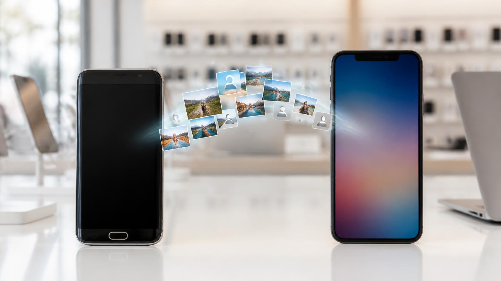 Altes und neues Smartphone nebeneinander, Fotos werden auf das neue Handy übertragen