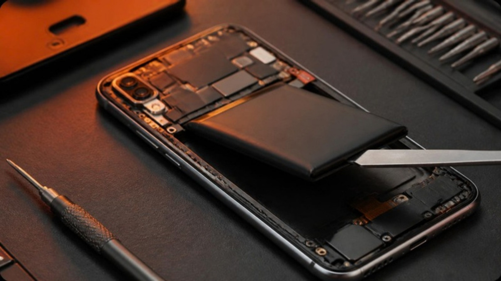 Akku wird mit einem Werkzeug aus einem geöffneten Smartphone herausgehoben