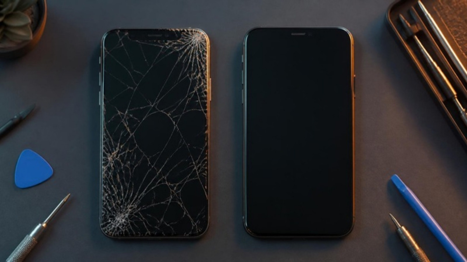 Smartphone mit gesprungenem Display neben einem intakten Gerät auf einer Reparatur-Werkbank