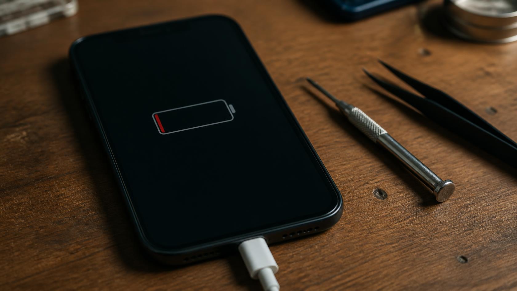 Smartphone mit leerer Akku-Anzeige am Ladekabel auf einer Werkbank: Handy lädt nicht mehr