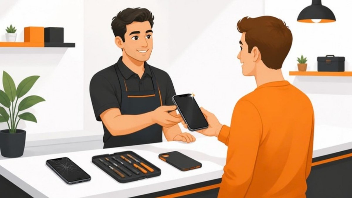 Handy Reparatur Haan: Mitarbeiter von Flash Handy Reparatur übergibt ein repariertes Smartphone am Ladentresen