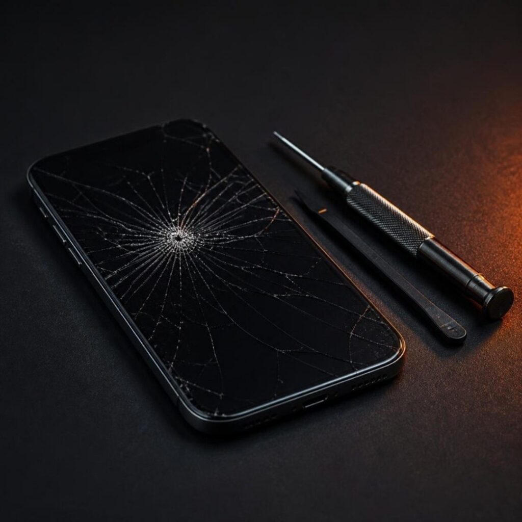 Smartphone mit gesprungenem Display neben Reparaturwerkzeug