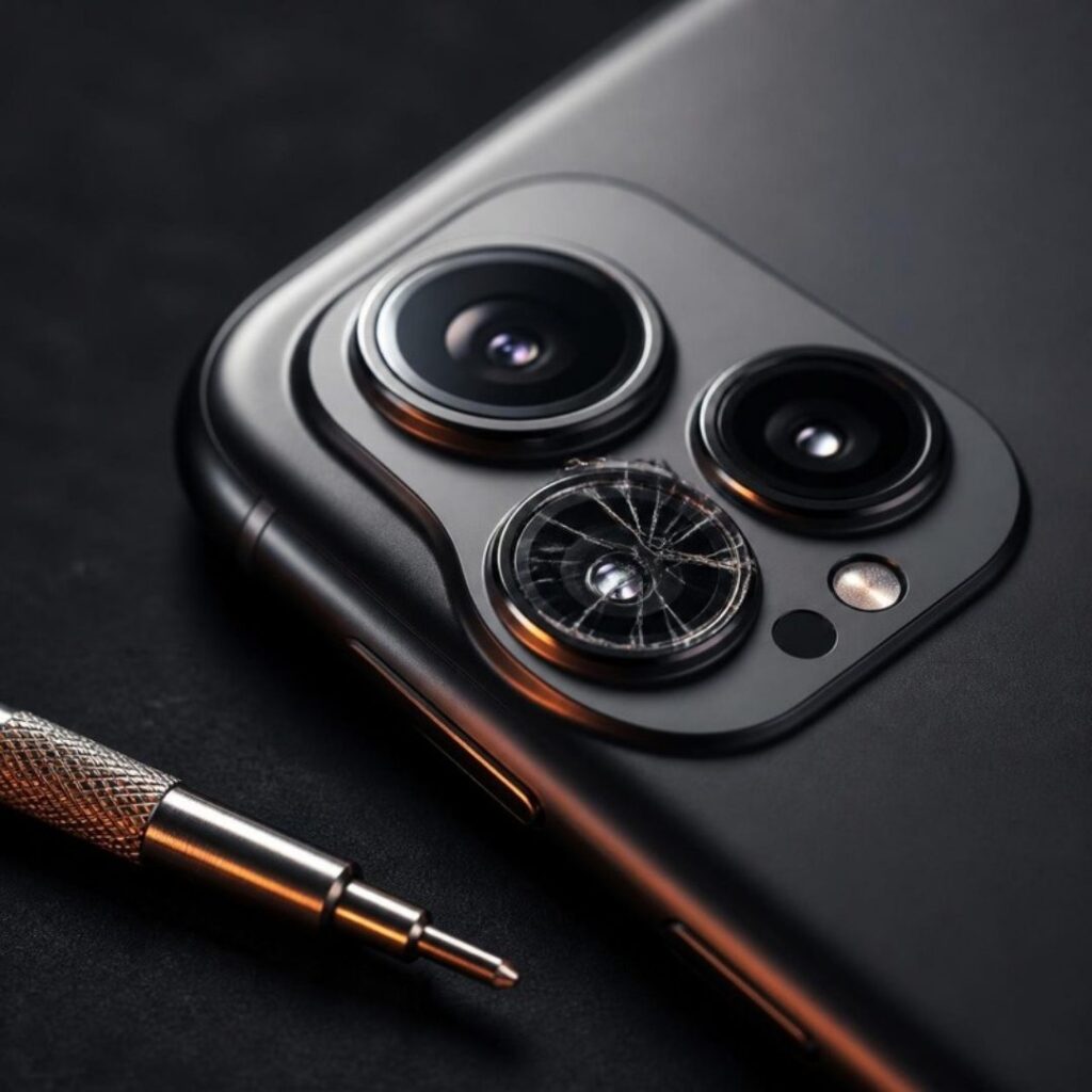 Kameramodul eines Smartphones mit gesprungenem Kameraglas