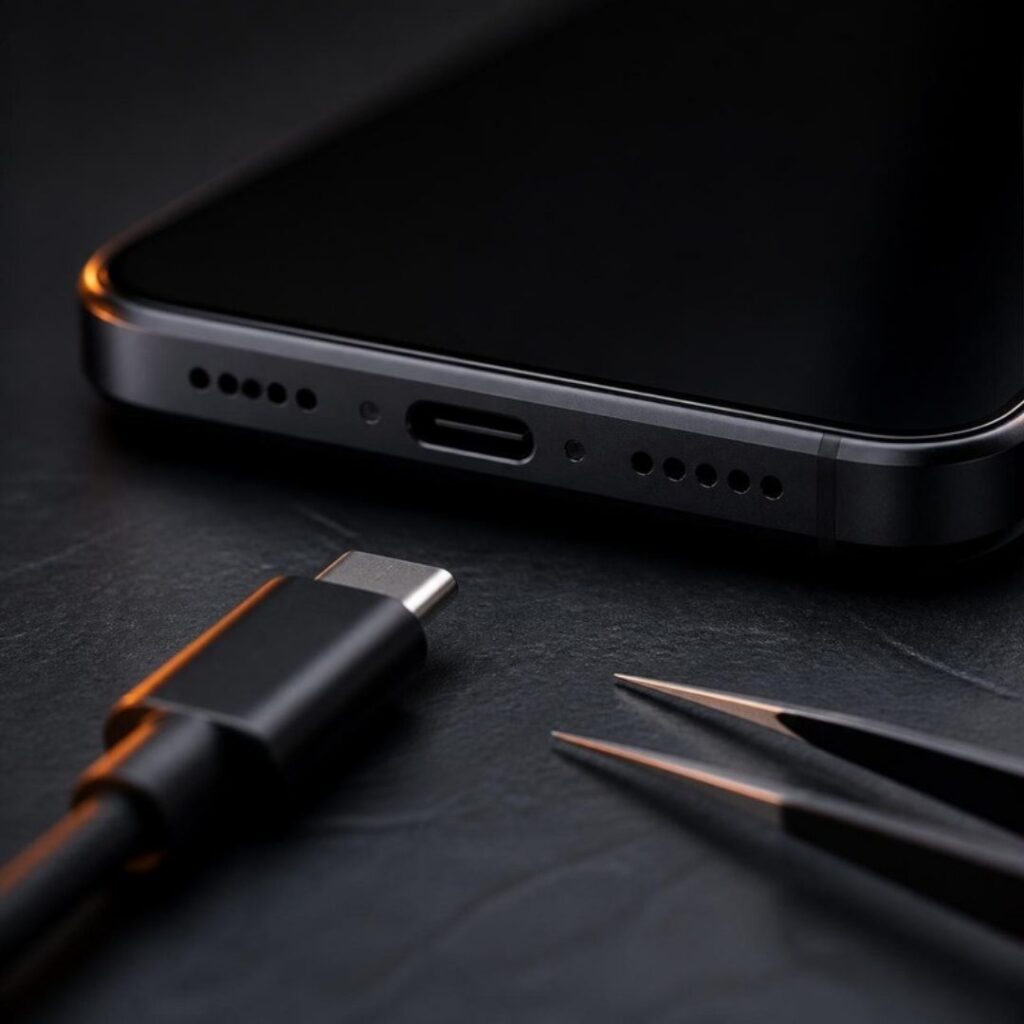 Ladebuchse eines Smartphones mit USB C Ladekabel
